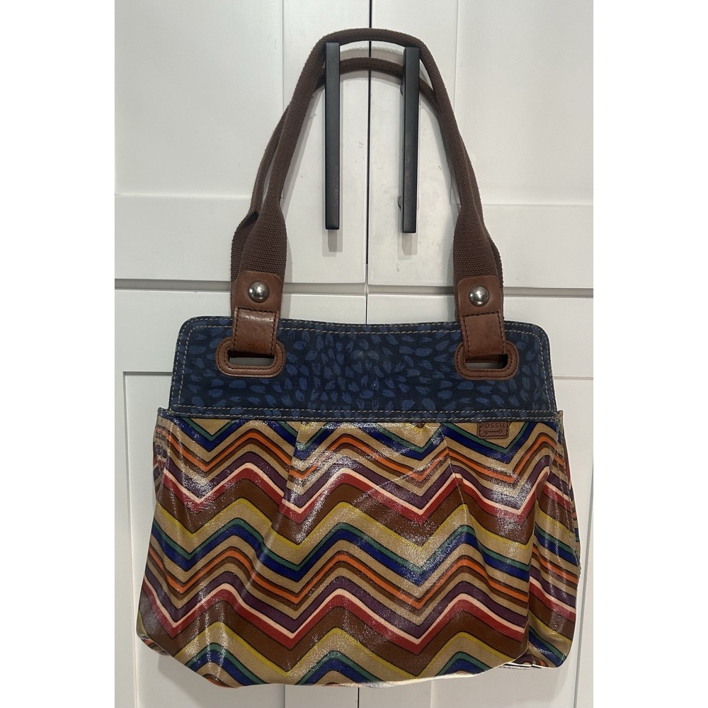 Fossil Key-Per Multi Colored Zig Zag Chevron Coated Canvas‎ Shopper Tote Purse